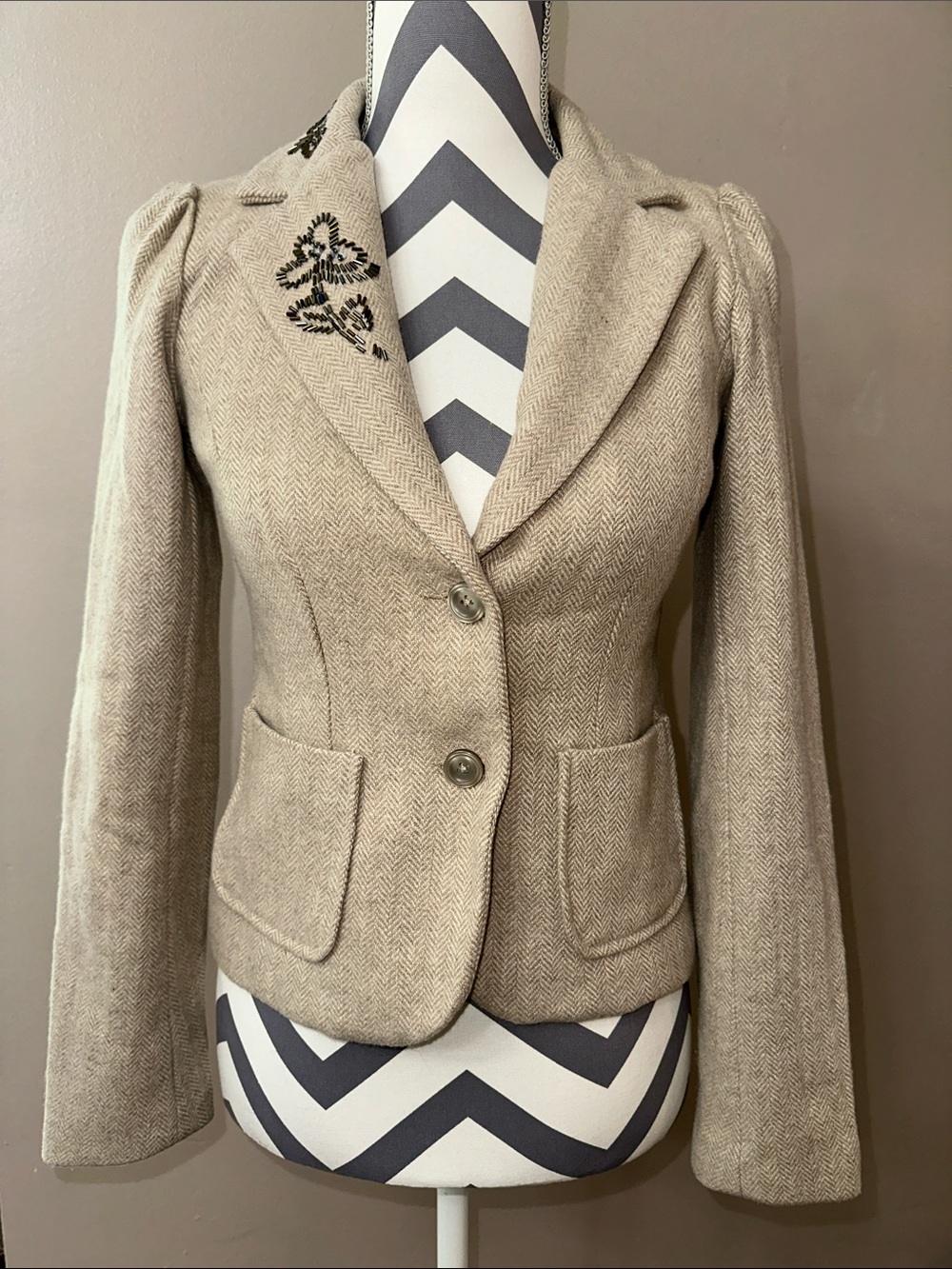 Vintage Old Navy Wool Blazer XS Herringbone Blazer Excellent Beaded appliqué